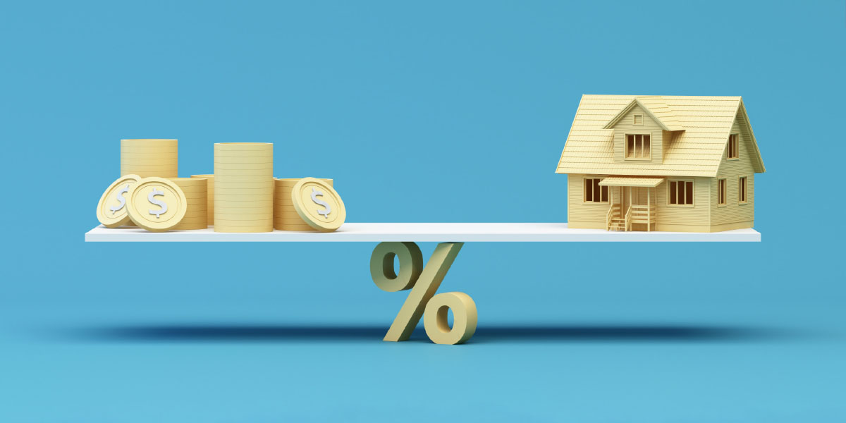 Animated house and coins on opposite side of plank balanced on a percent symbol.