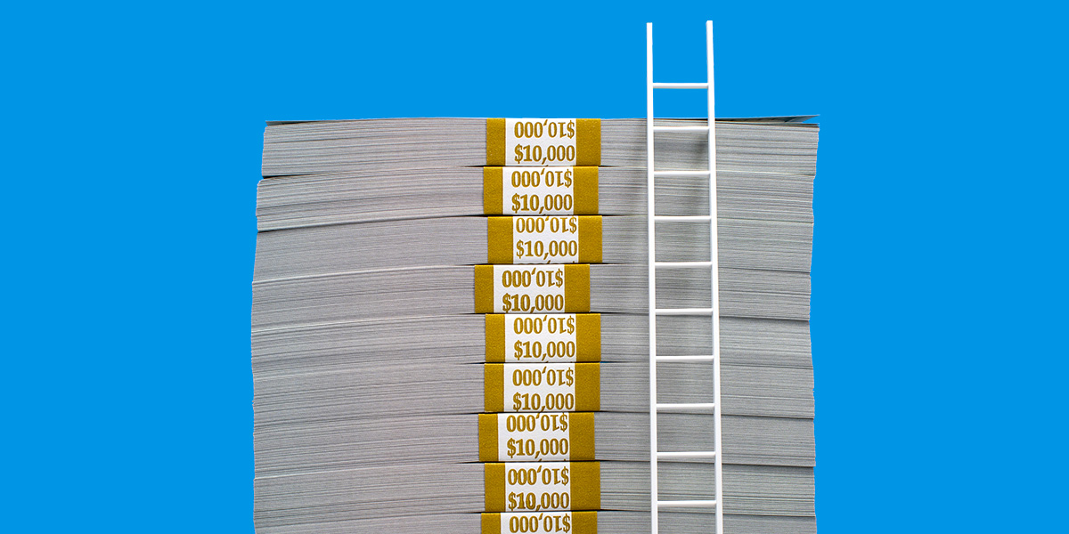 Stacks of cash with a ladder propped up beside it